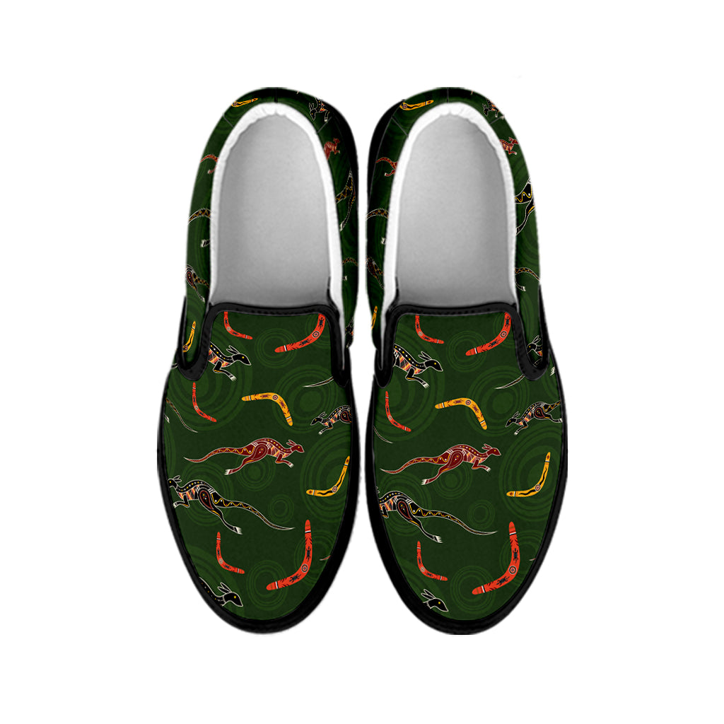 Aboriginal Boomerang And Kangaroo Print Black Slip On Shoes