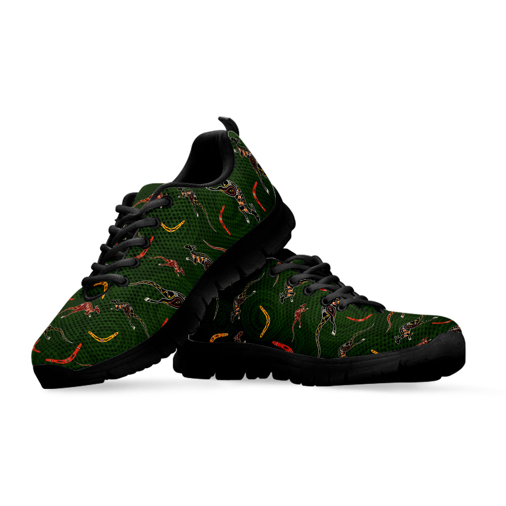 Aboriginal Boomerang And Kangaroo Print Black Sneakers