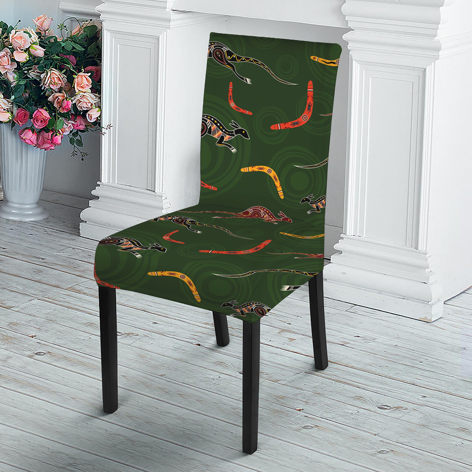 Aboriginal Boomerang And Kangaroo Print Dining Chair Slipcover