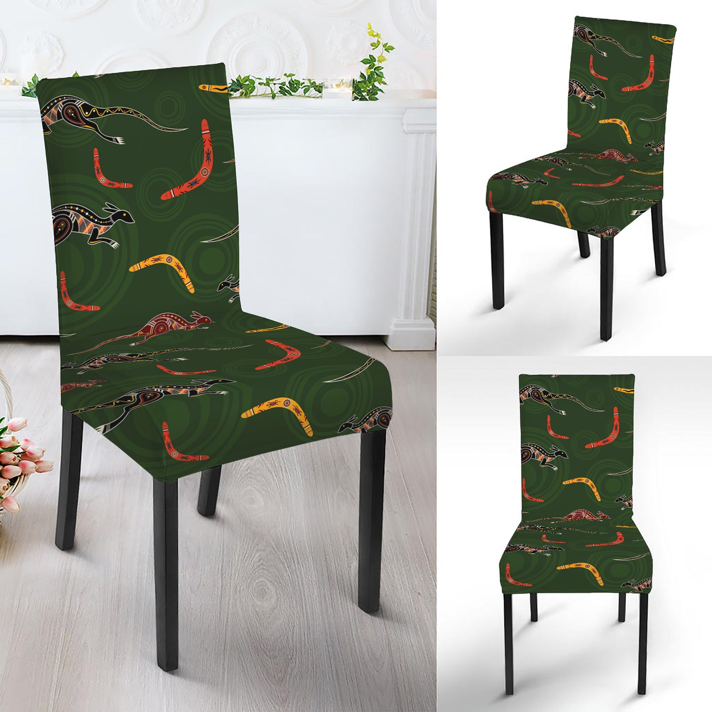 Aboriginal Boomerang And Kangaroo Print Dining Chair Slipcover