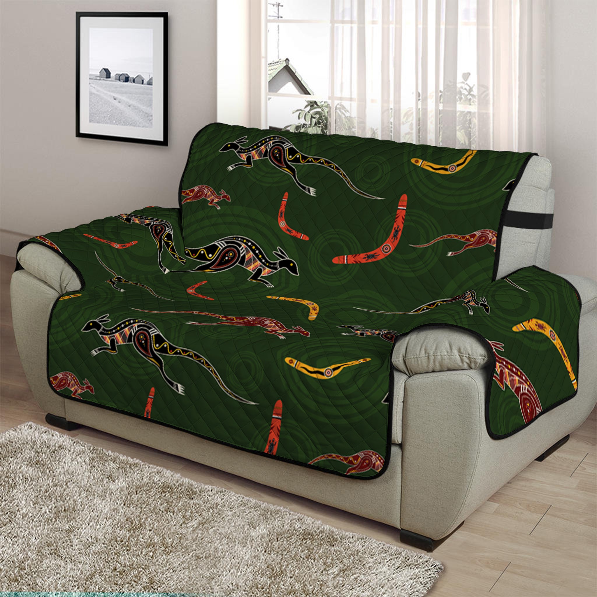 Aboriginal Boomerang And Kangaroo Print Half Sofa Protector