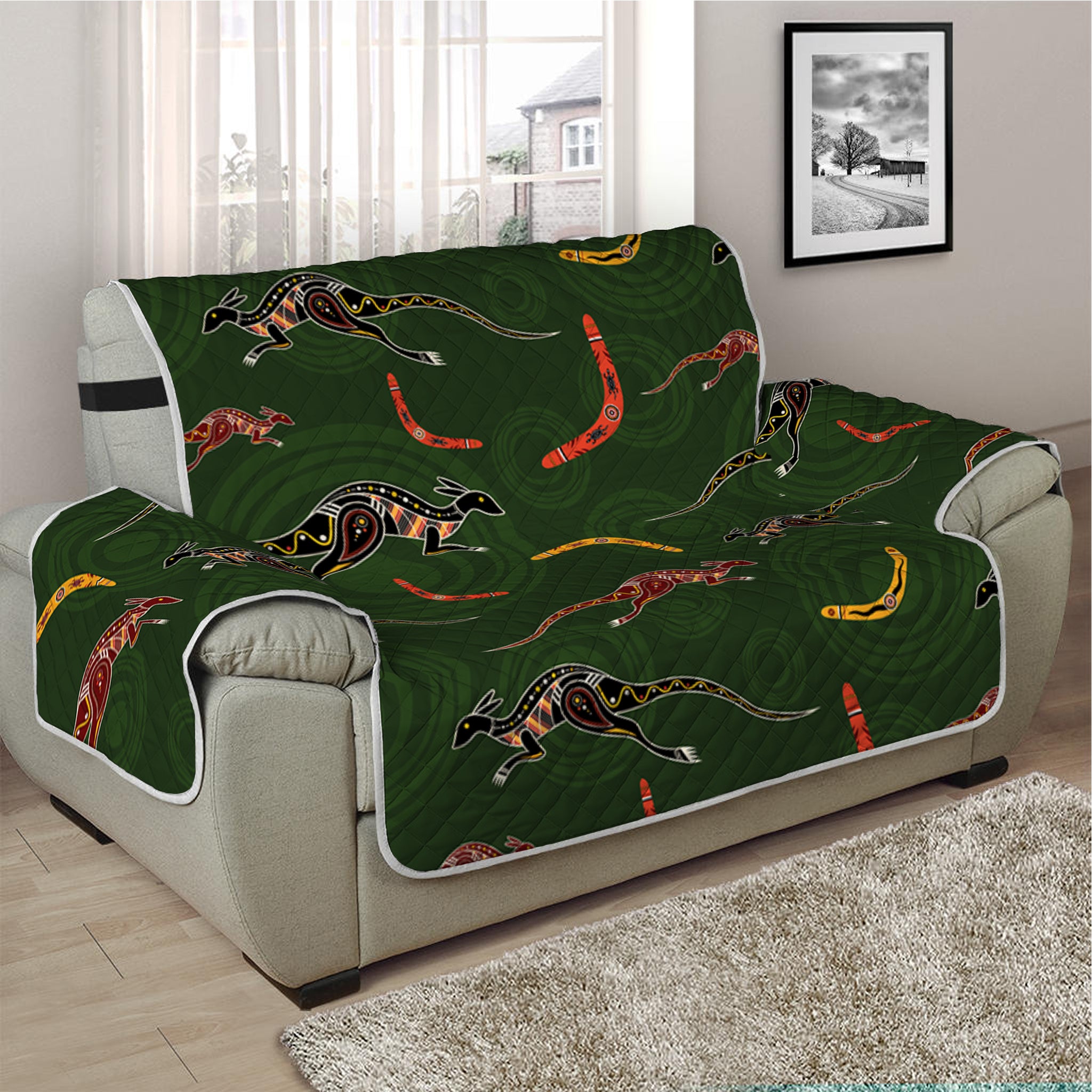 Aboriginal Boomerang And Kangaroo Print Half Sofa Protector