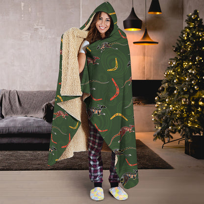 Aboriginal Boomerang And Kangaroo Print Hooded Blanket