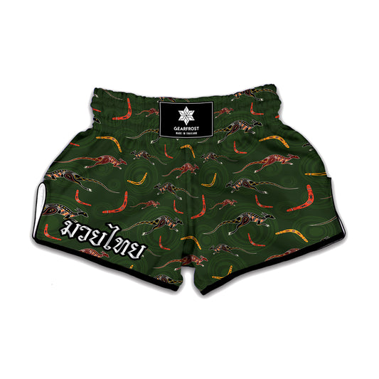Aboriginal Boomerang And Kangaroo Print Muay Thai Boxing Shorts