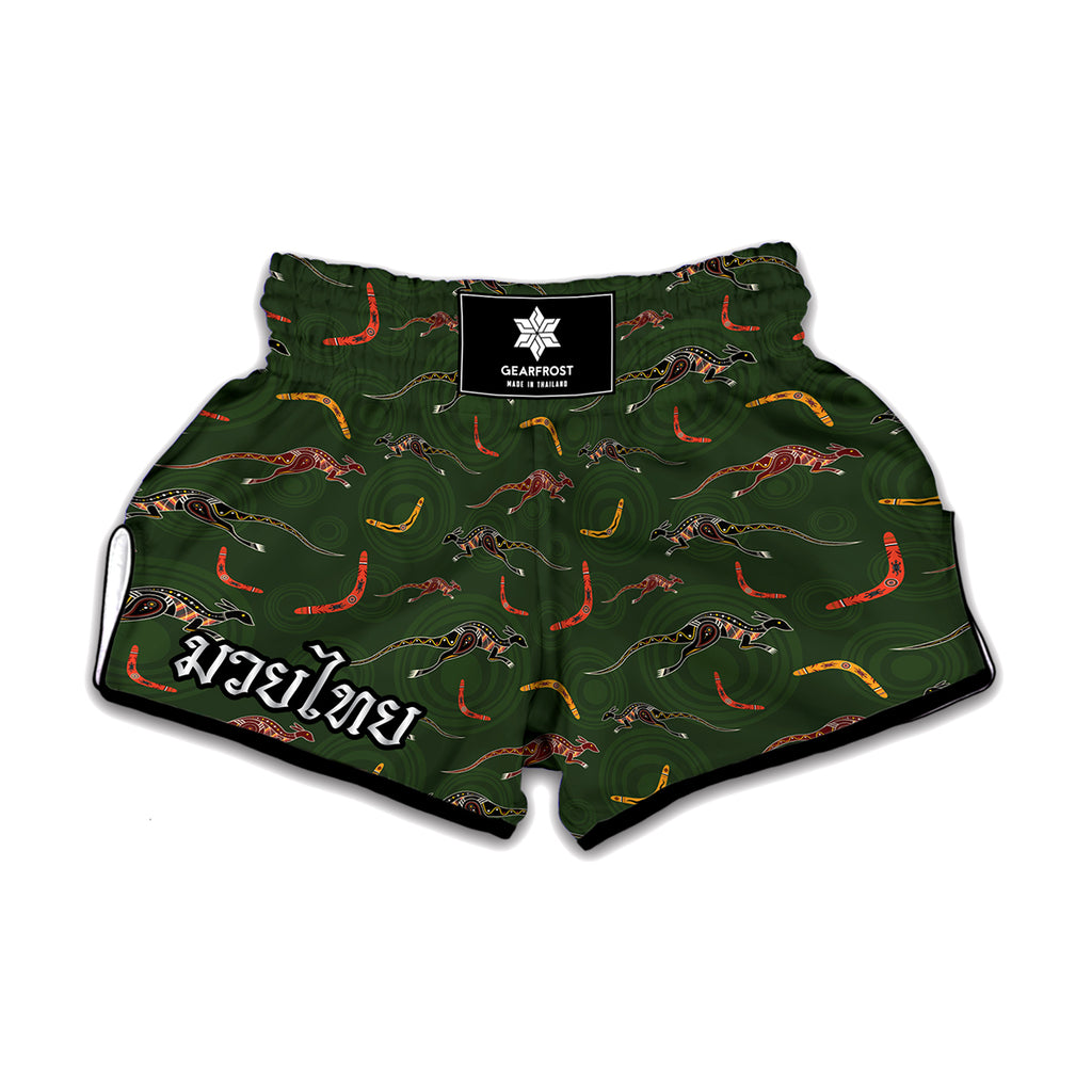 Aboriginal Boomerang And Kangaroo Print Muay Thai Boxing Shorts