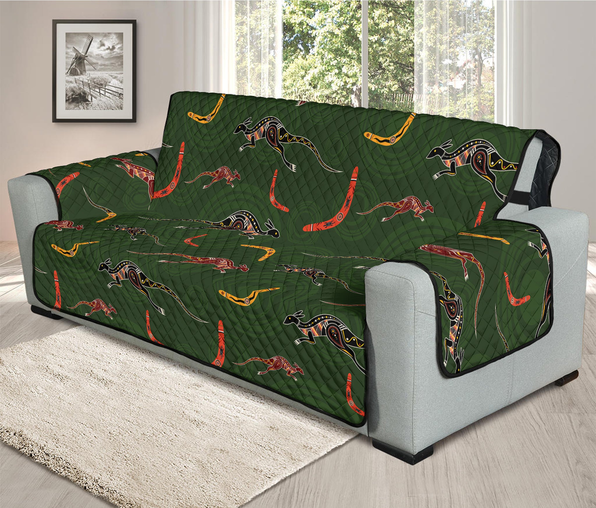 Aboriginal Boomerang And Kangaroo Print Oversized Sofa Protector