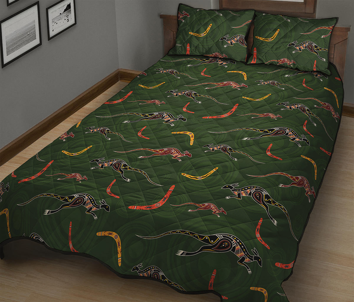 Aboriginal Boomerang And Kangaroo Print Quilt Bed Set