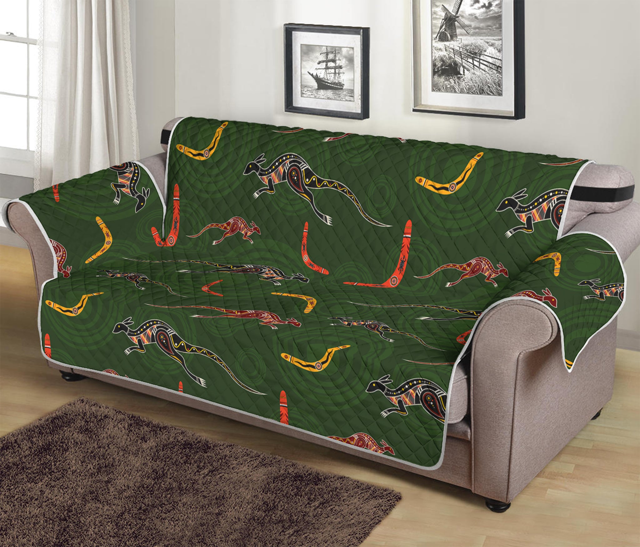 Aboriginal Boomerang And Kangaroo Print Sofa Protector