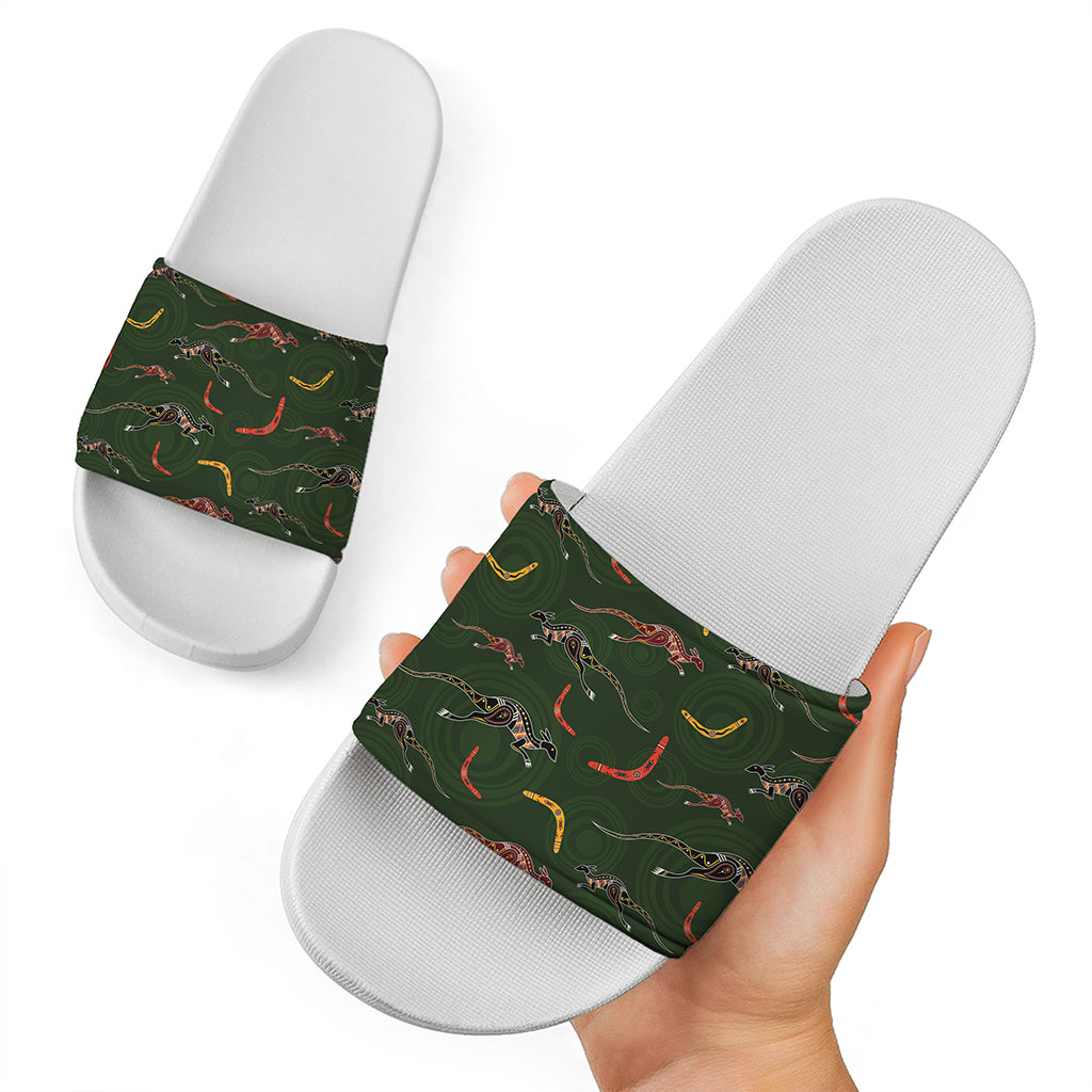 Aboriginal Boomerang And Kangaroo Print White Slide Sandals