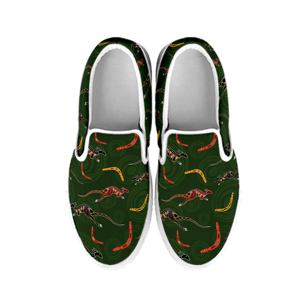 Aboriginal Boomerang And Kangaroo Print White Slip On Shoes