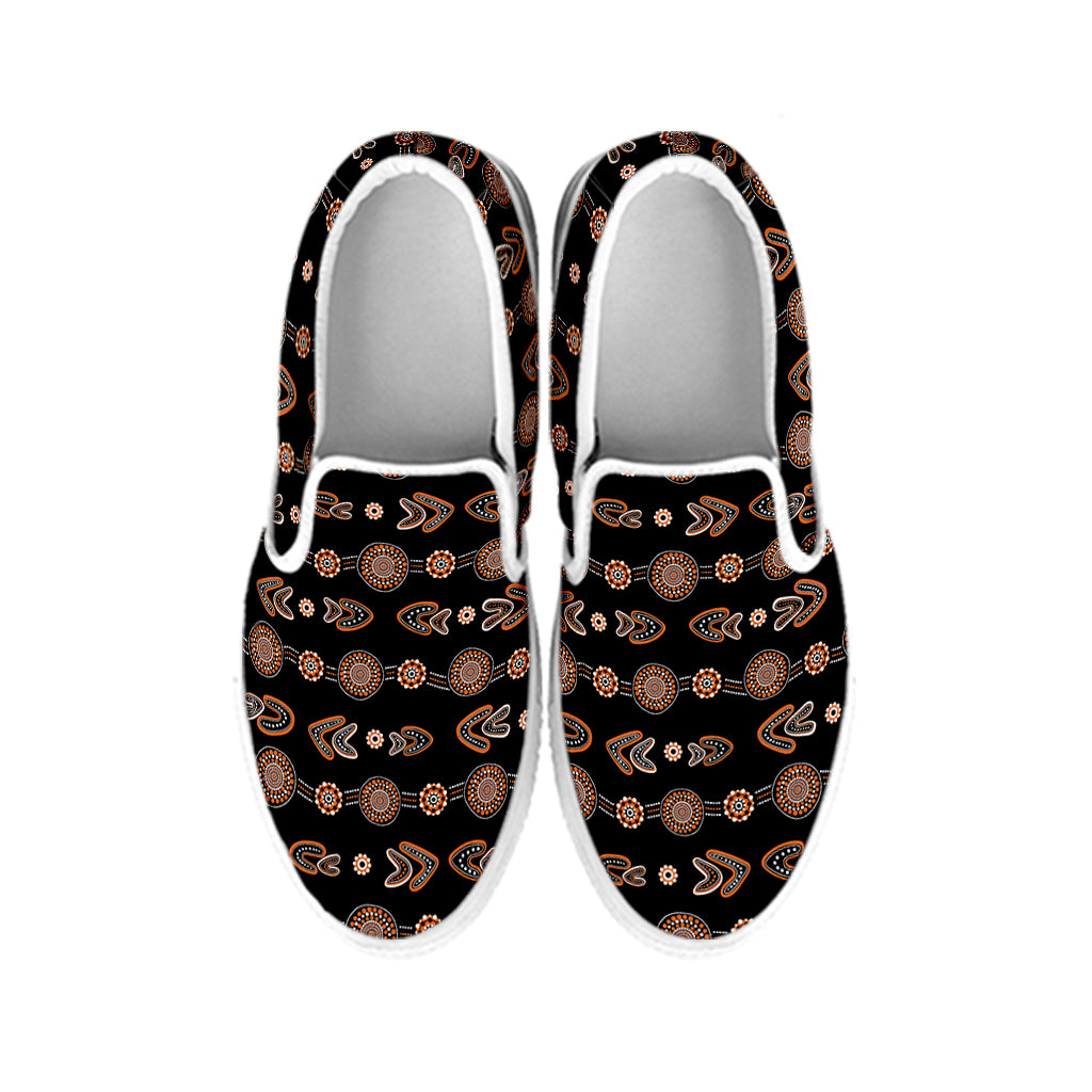 Aboriginal Boomerang Pattern Print White Slip On Shoes