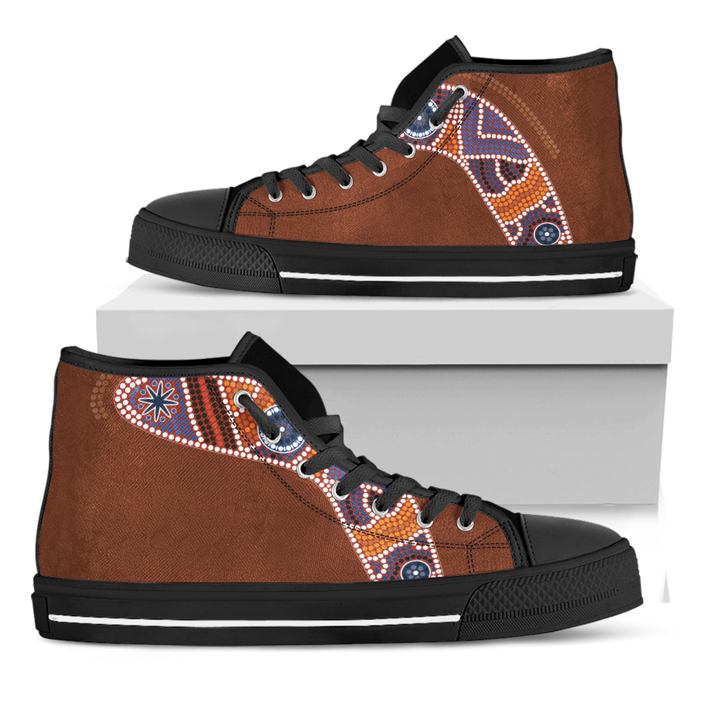 Aboriginal Dot Boomerang Print Black High Top Shoes