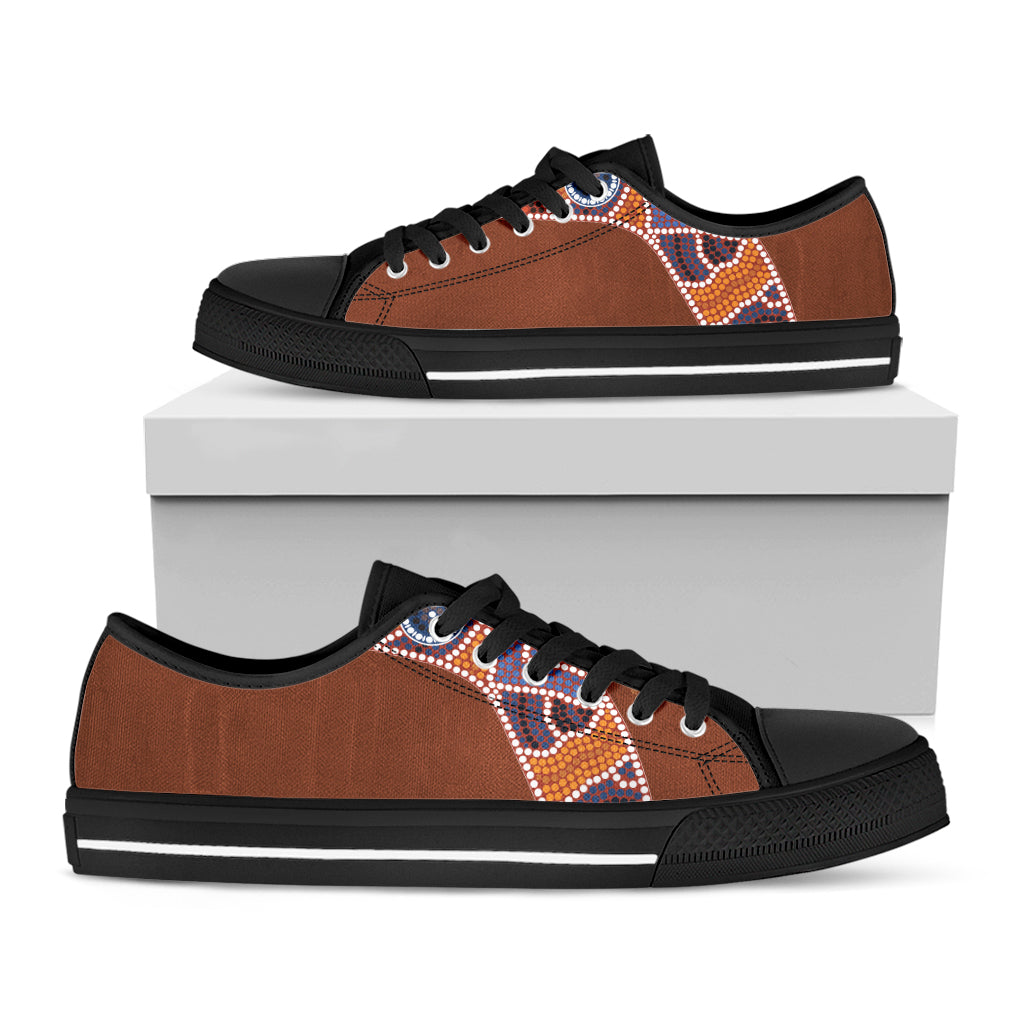 Aboriginal Dot Boomerang Print Black Low Top Shoes 