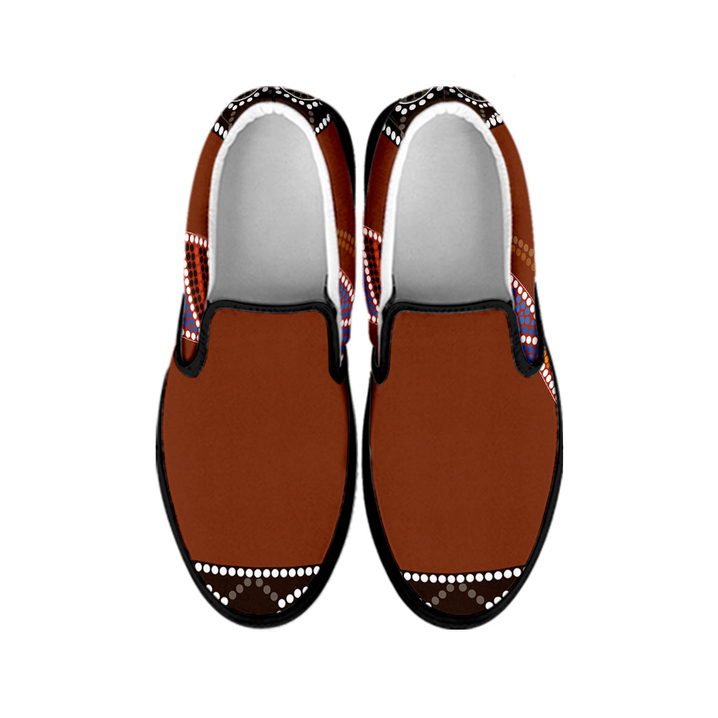 Aboriginal Dot Boomerang Print Black Slip On Shoes