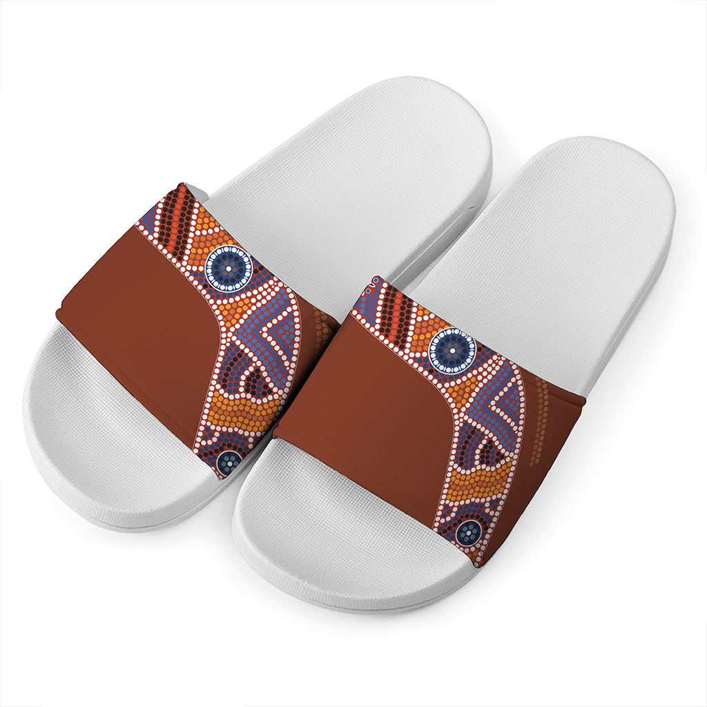 Aboriginal Dot Boomerang Print White Slide Sandals