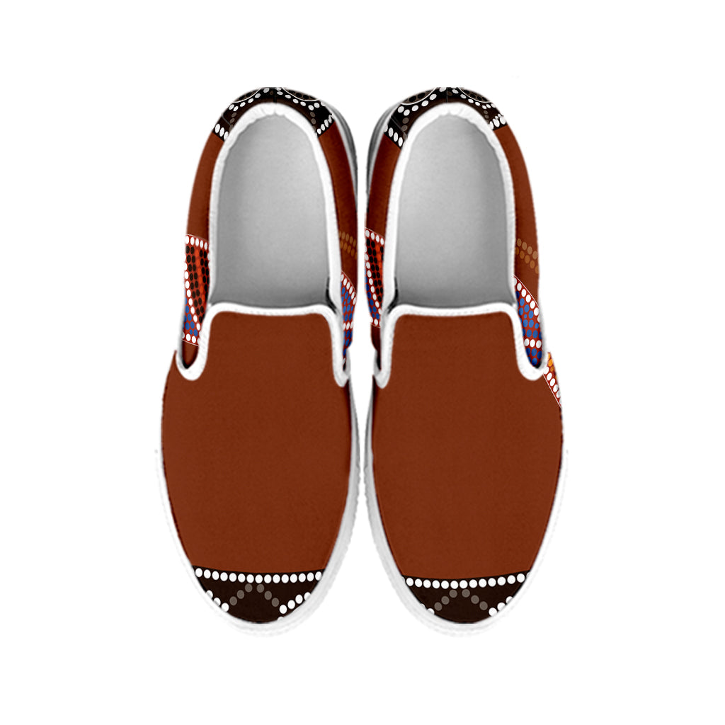 Aboriginal Dot Boomerang Print White Slip On Shoes