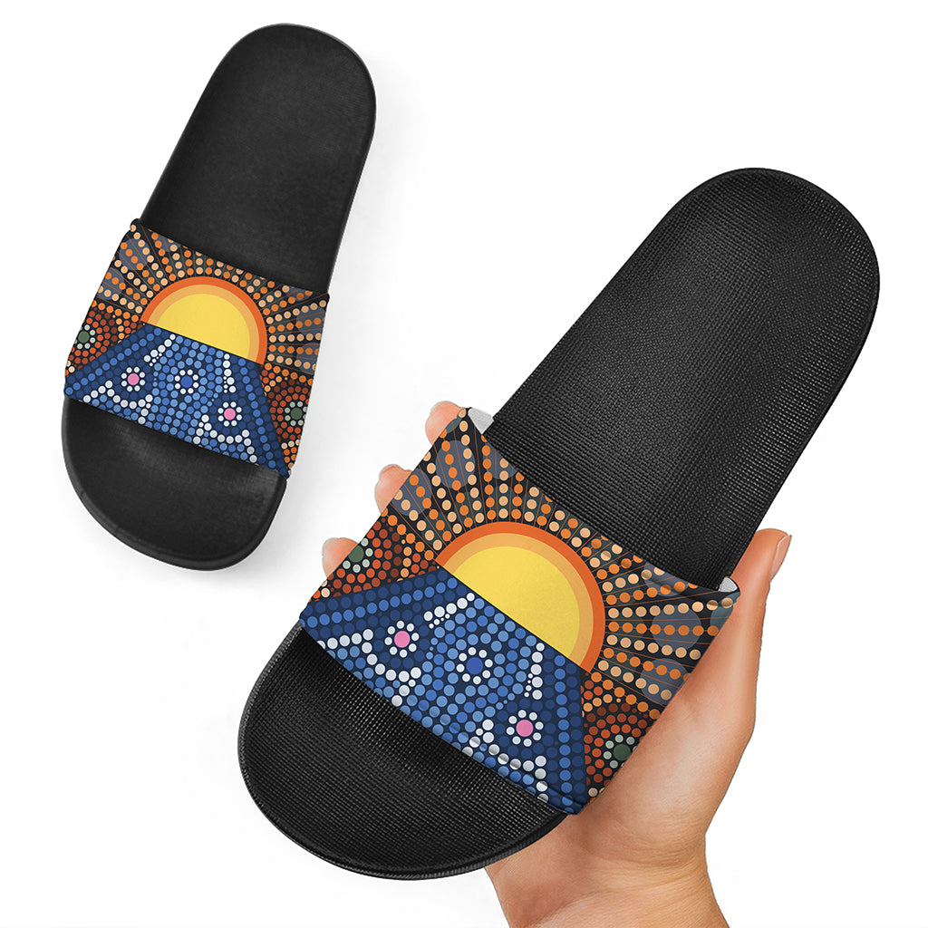 Aboriginal Indigenous Sunset Art Print Black Slide Sandals