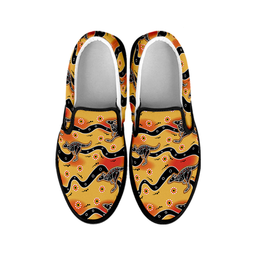 Aboriginal Kangaroo Pattern Print Black Slip On Shoes