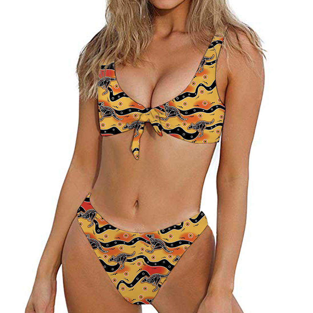 Aboriginal Kangaroo Pattern Print Front Bow Tie Bikini