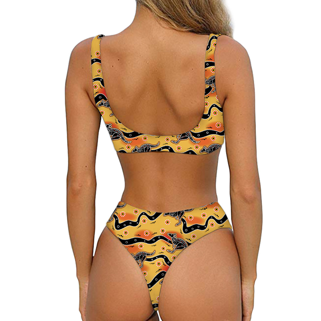 Aboriginal Kangaroo Pattern Print Front Bow Tie Bikini