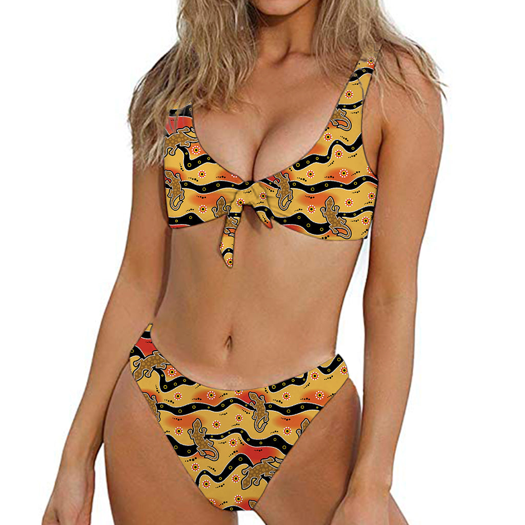 Aboriginal Lizard Pattern Print Front Bow Tie Bikini