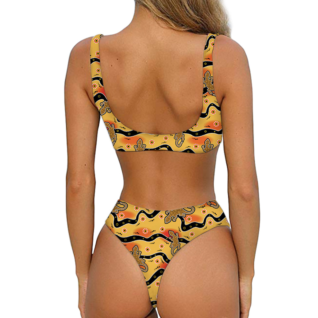Aboriginal Lizard Pattern Print Front Bow Tie Bikini