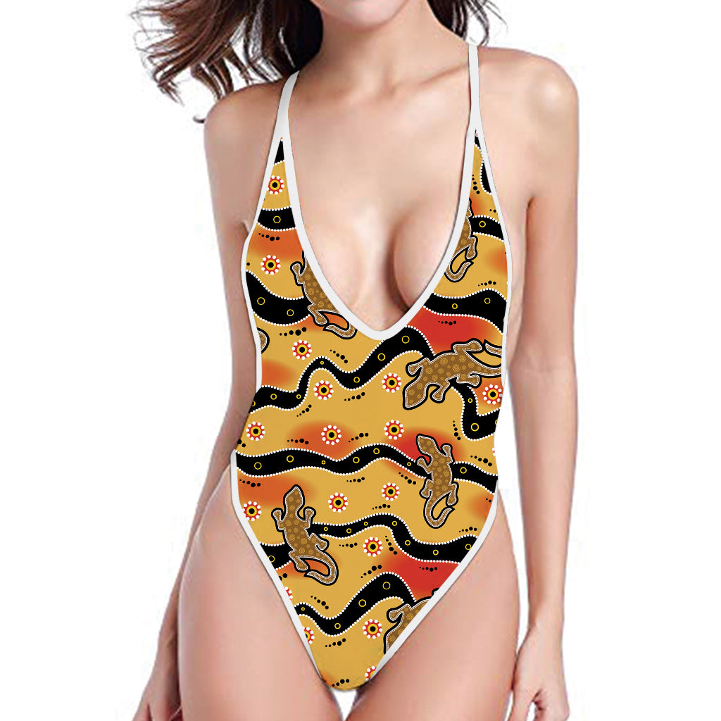 Aboriginal Lizard Pattern Print One Piece High Cut Swimsuit