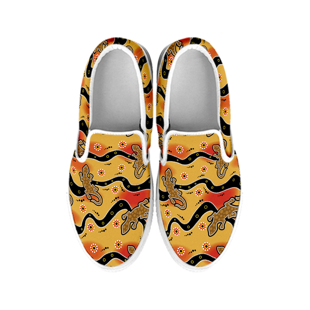 Aboriginal Lizard Pattern Print White Slip On Shoes