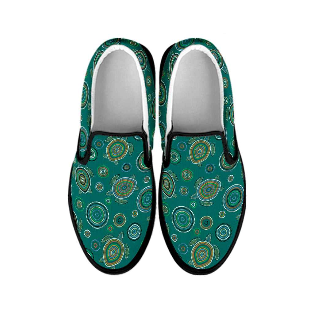 Aboriginal Sea Turtle Pattern Print Black Slip On Shoes