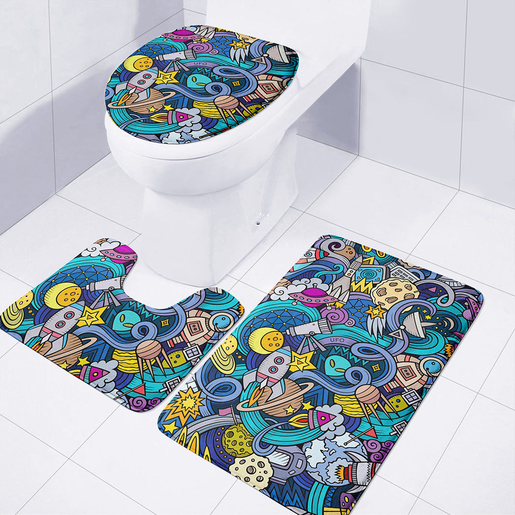 Abstract Cartoon Galaxy Space Print 3 Piece Bath Mat Set