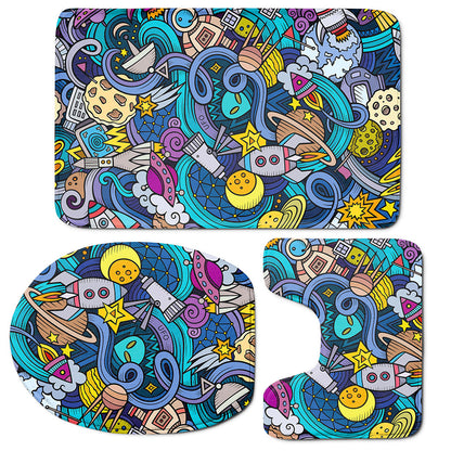 Abstract Cartoon Galaxy Space Print 3 Piece Bath Mat Set