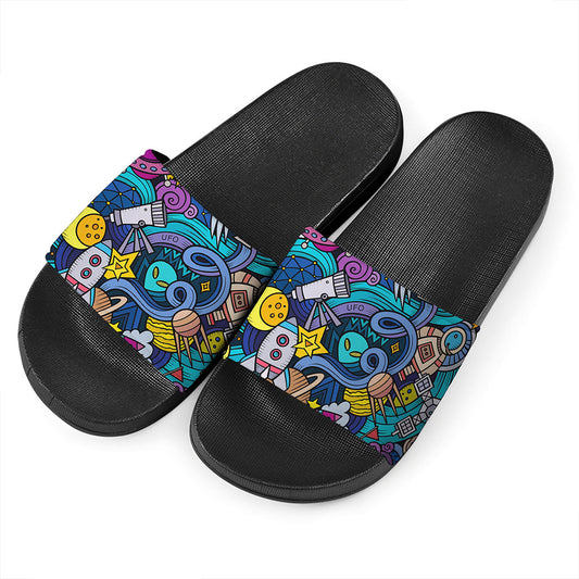 Abstract Cartoon Galaxy Space Print Black Slide Sandals
