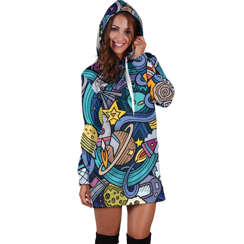 Abstract Cartoon Galaxy Space Print Hoodie Dress GearFrost