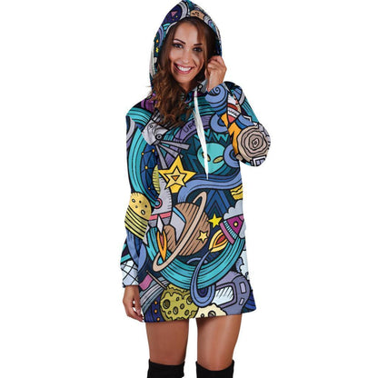 Abstract Cartoon Galaxy Space Print Hoodie Dress GearFrost