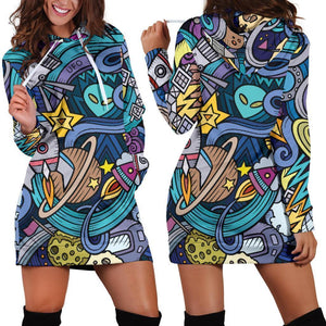 Abstract Cartoon Galaxy Space Print Hoodie Dress GearFrost