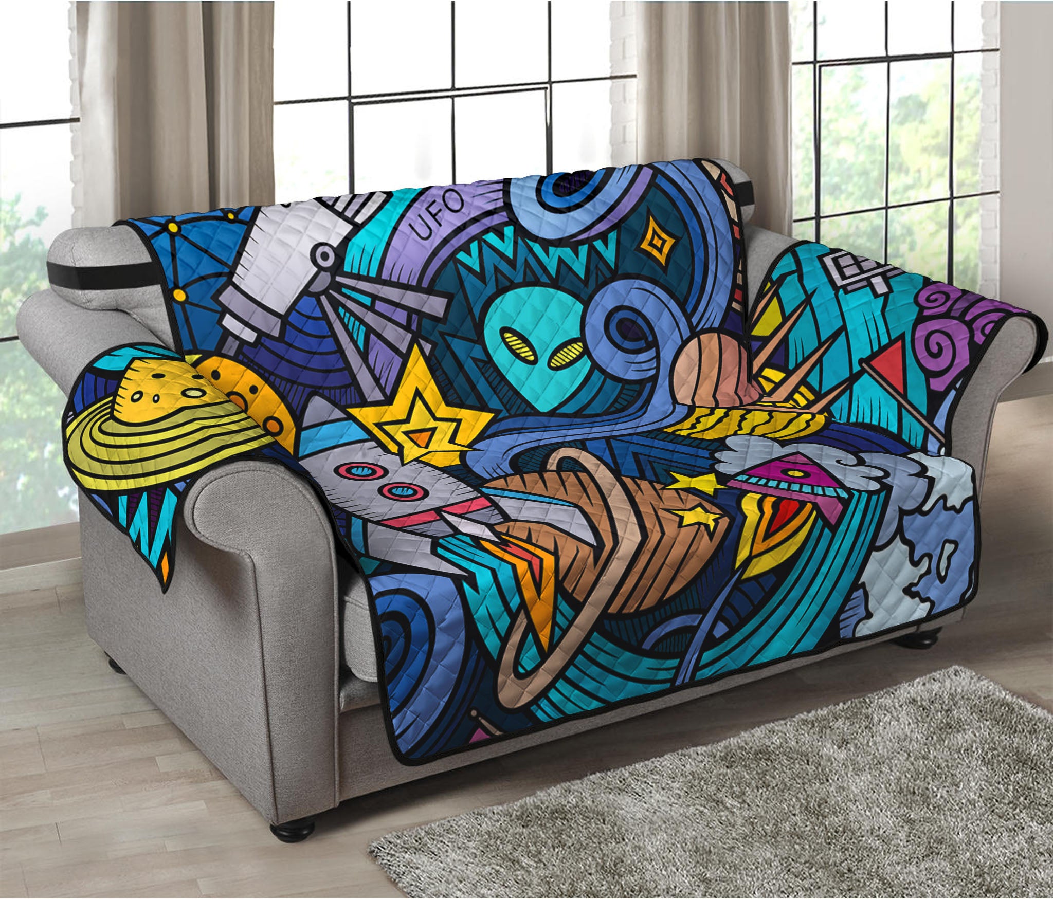 Abstract Cartoon Galaxy Space Print Loveseat Protector