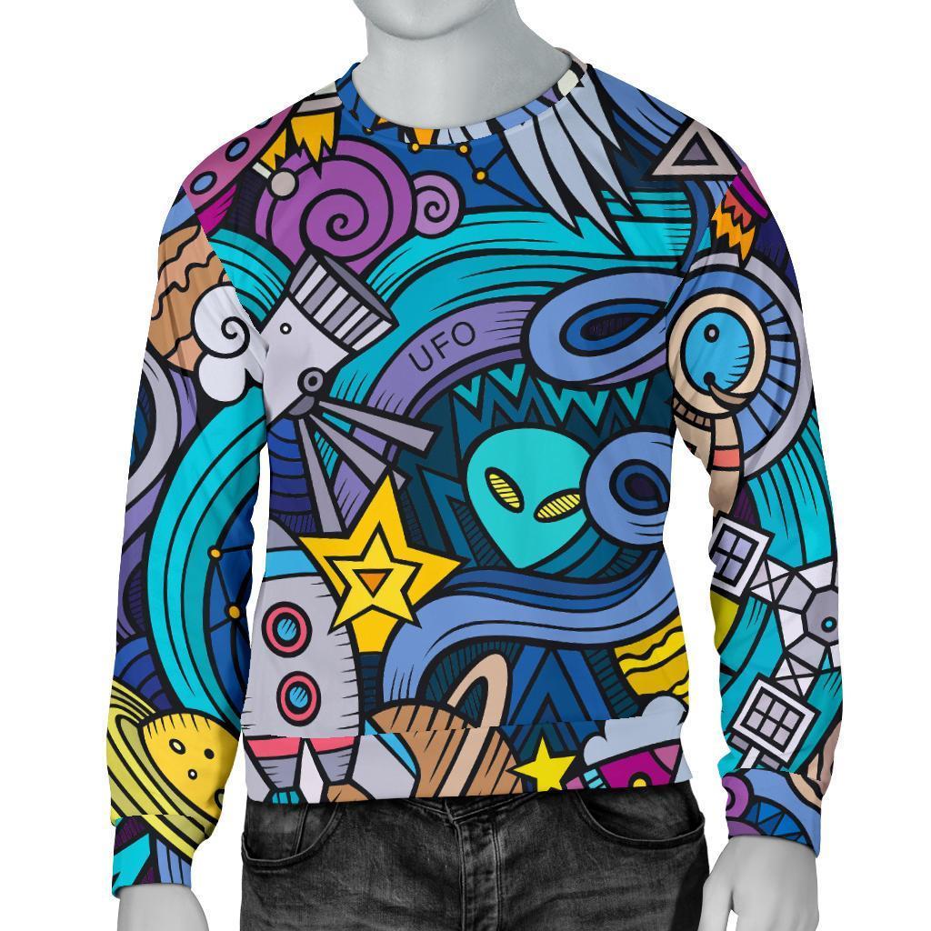 Abstract Cartoon Galaxy Space Print Men's Crewneck Sweatshirt GearFrost