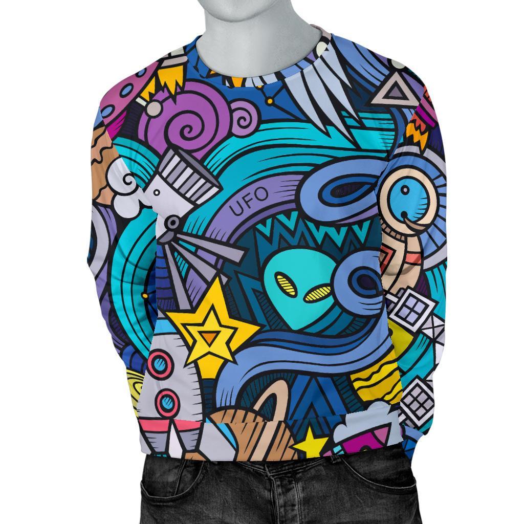 Abstract Cartoon Galaxy Space Print Men's Crewneck Sweatshirt GearFrost