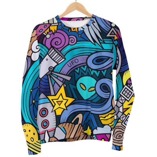 Abstract Cartoon Galaxy Space Print Men's Crewneck Sweatshirt GearFrost