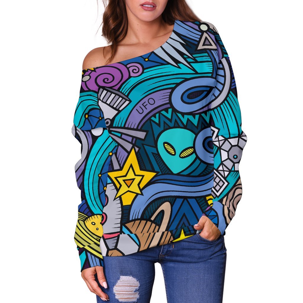 Abstract Cartoon Galaxy Space Print Off Shoulder Sweatshirt GearFrost