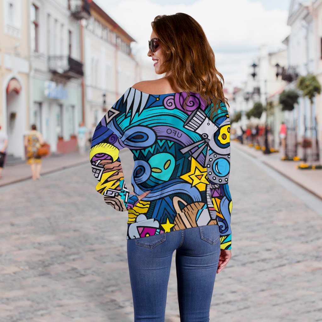 Abstract Cartoon Galaxy Space Print Off Shoulder Sweatshirt GearFrost
