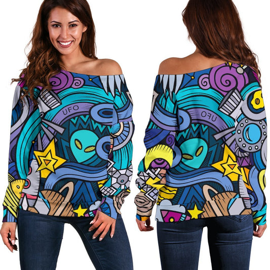 Abstract Cartoon Galaxy Space Print Off Shoulder Sweatshirt GearFrost