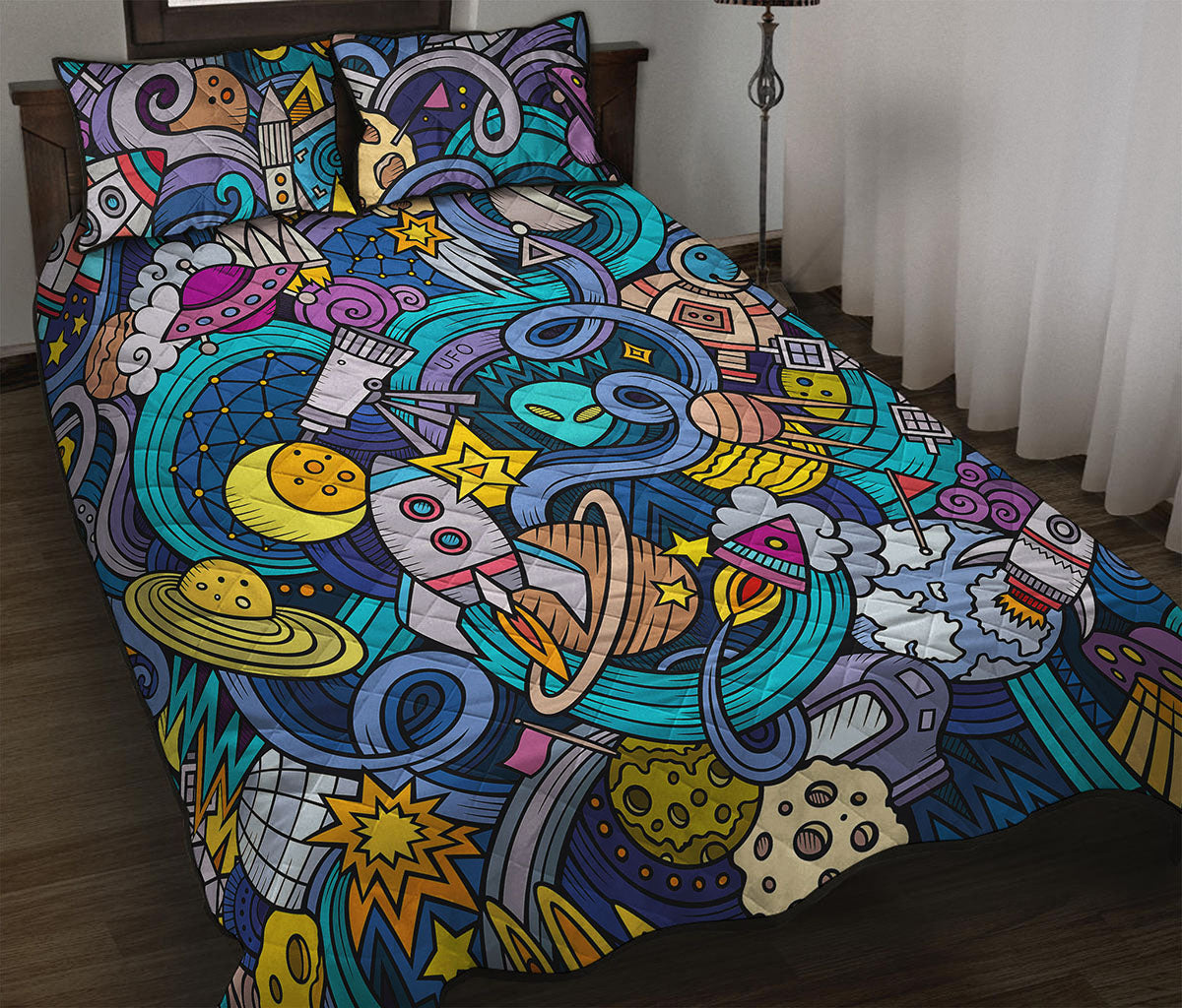 Abstract Cartoon Galaxy Space Print Quilt Bed Set