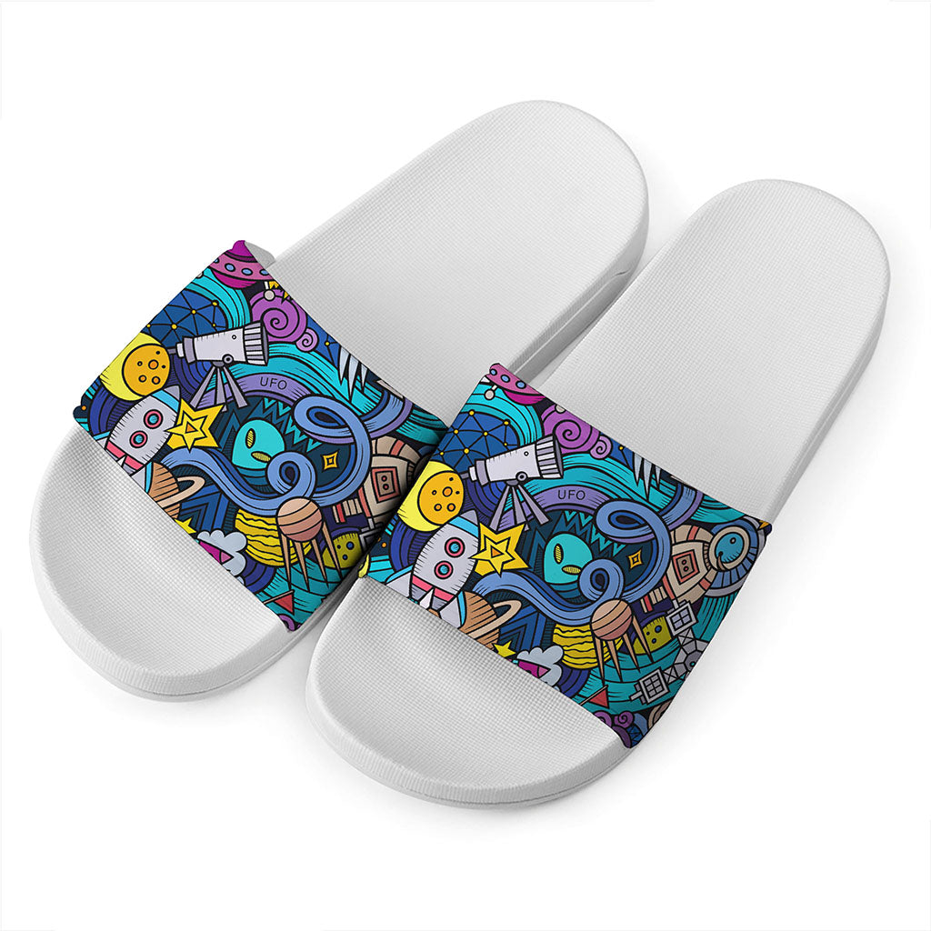 Abstract Cartoon Galaxy Space Print White Slide Sandals