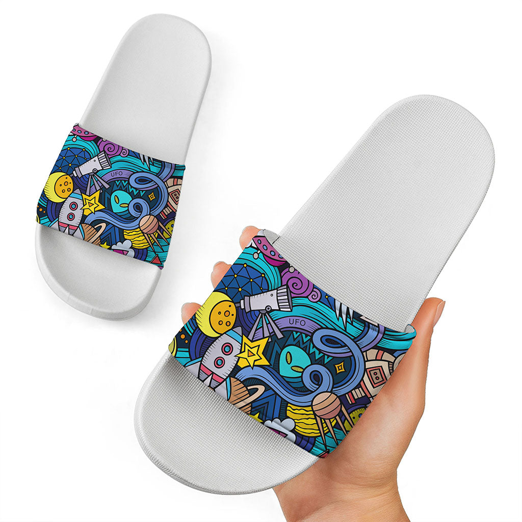 Abstract Cartoon Galaxy Space Print White Slide Sandals