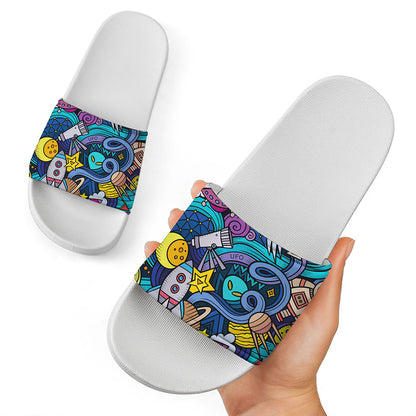 Abstract Cartoon Galaxy Space Print White Slide Sandals