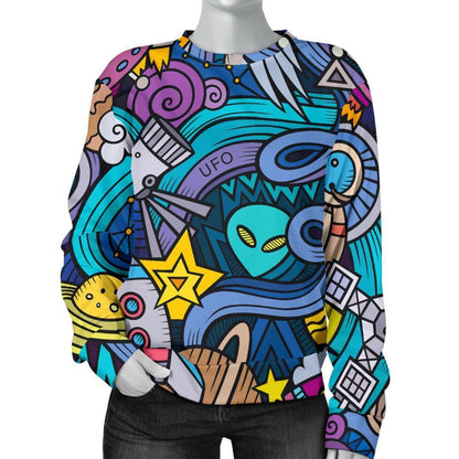 Abstract Cartoon Galaxy Space Print Women's Crewneck Sweatshirt GearFrost