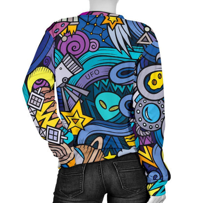 Abstract Cartoon Galaxy Space Print Women's Crewneck Sweatshirt GearFrost