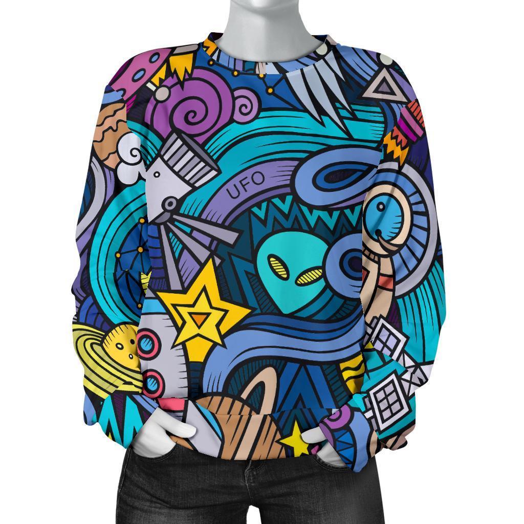 Abstract Cartoon Galaxy Space Print Women's Crewneck Sweatshirt GearFrost