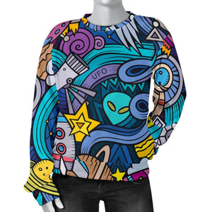 Abstract Cartoon Galaxy Space Print Women's Crewneck Sweatshirt GearFrost
